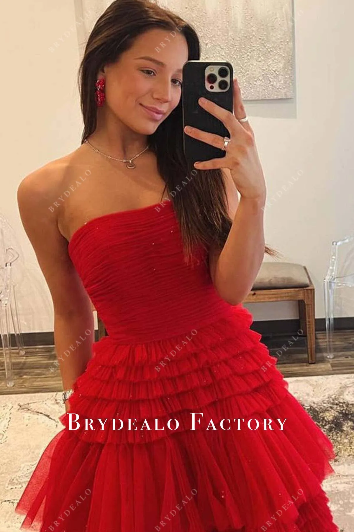 Red Tulle Strapless Tiered A-Line Slit Prom Dress