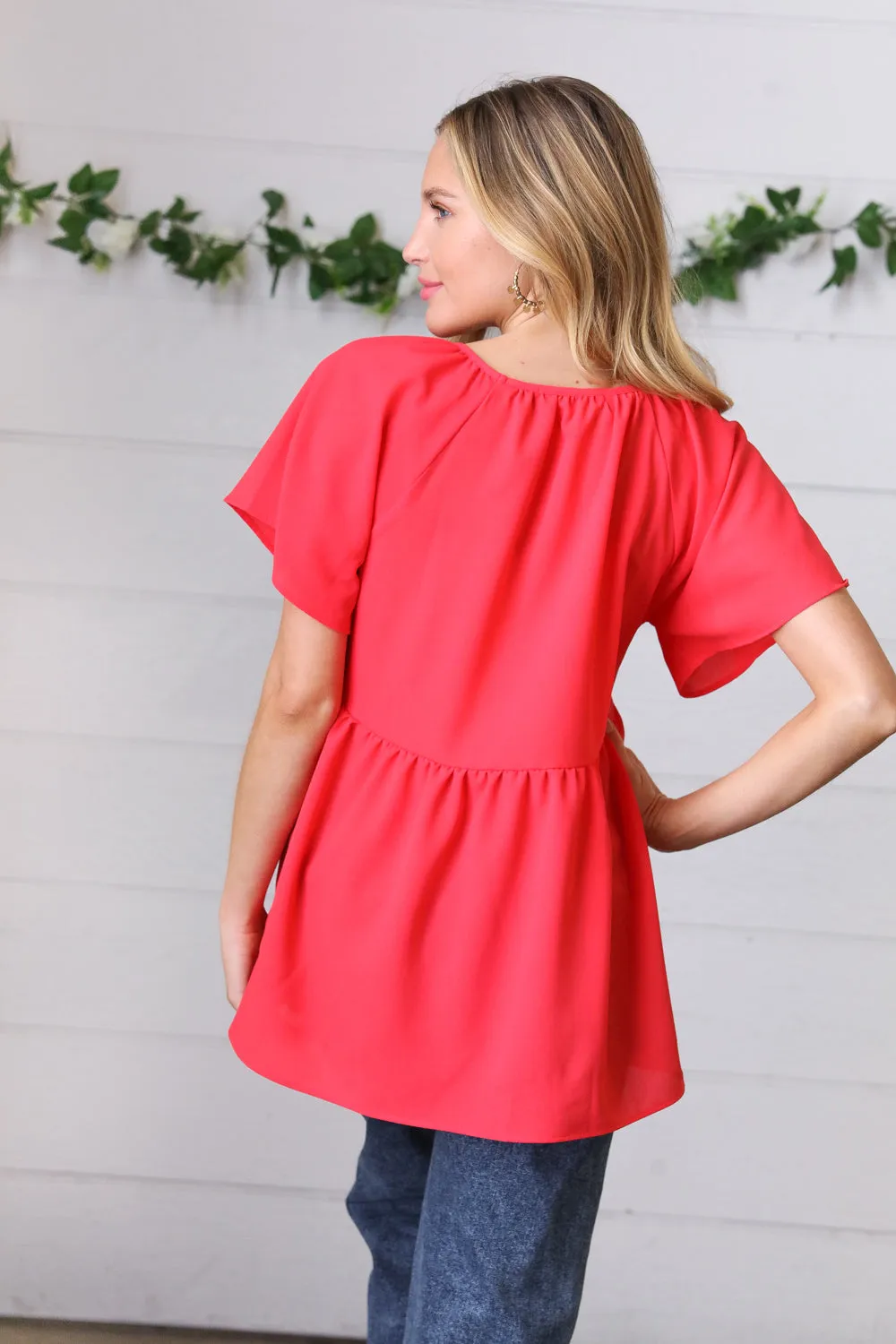 Red V Neck Button Babydoll Blouse Top