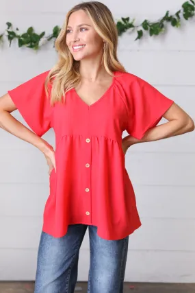 Red V Neck Button Babydoll Blouse Top