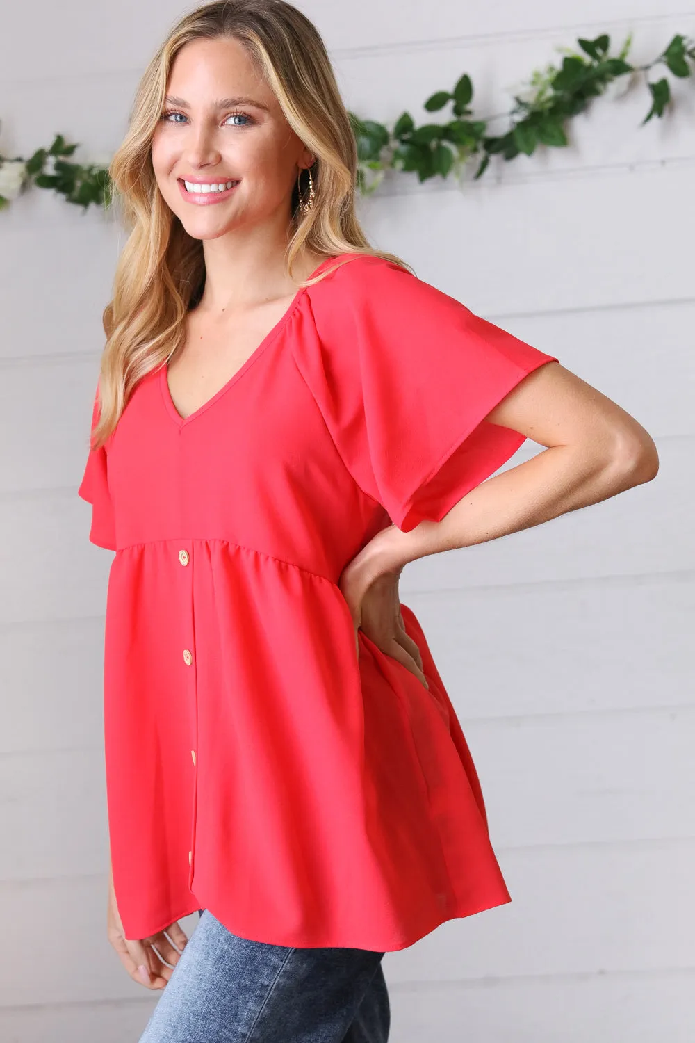 Red V Neck Button Babydoll Blouse Top