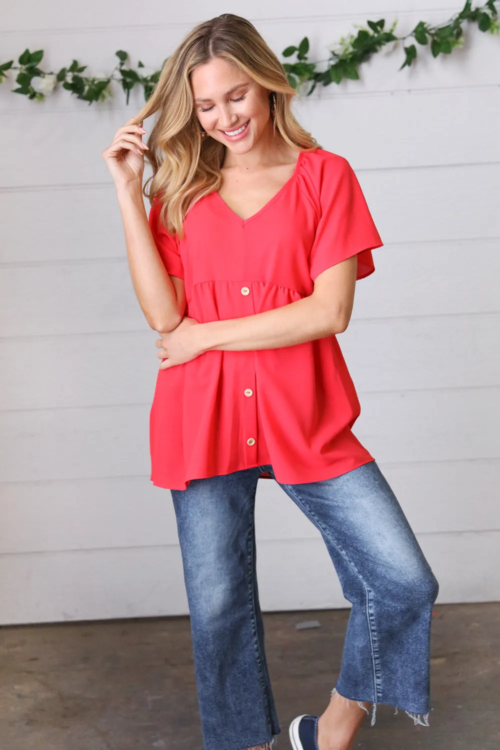 Red V Neck Button Babydoll Blouse Top