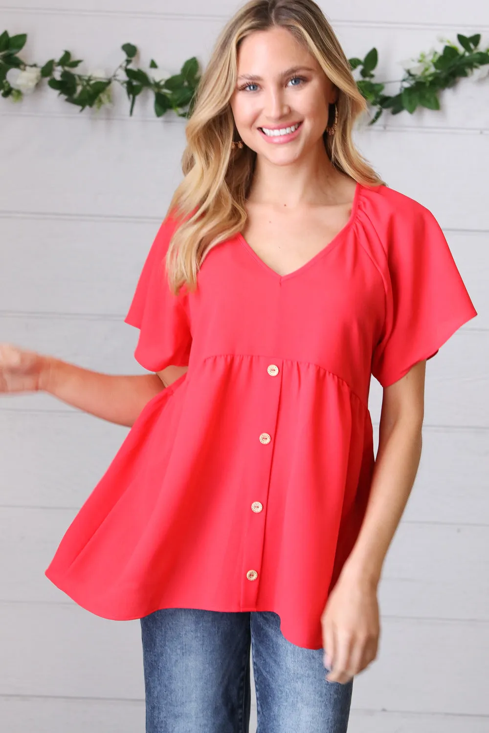 Red V Neck Button Babydoll Blouse Top