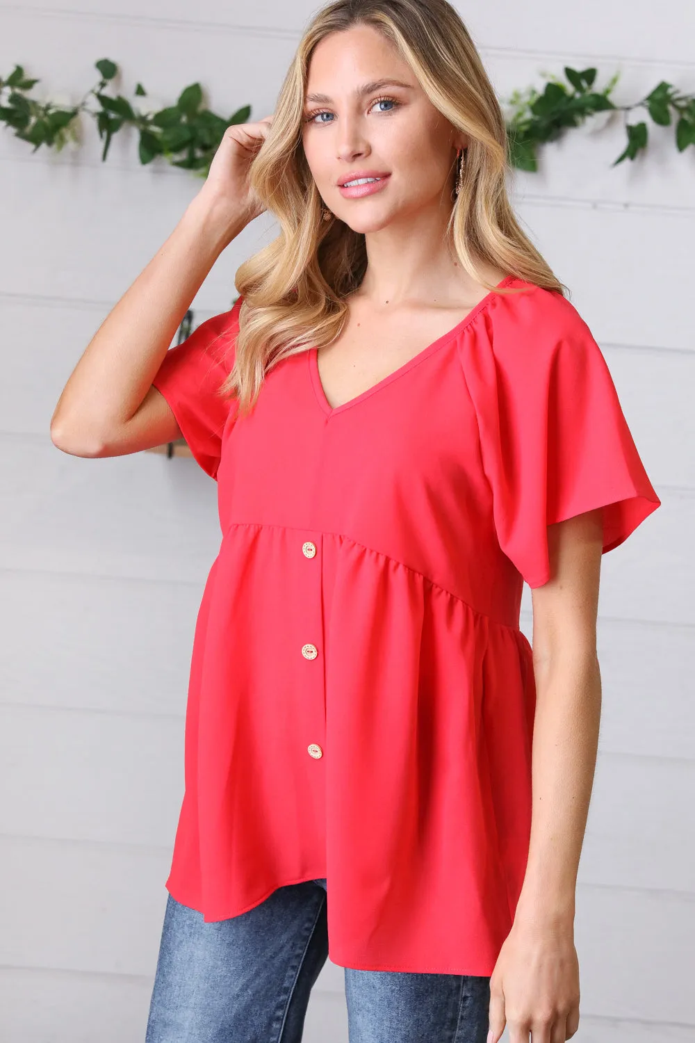 Red V Neck Button Babydoll Blouse Top