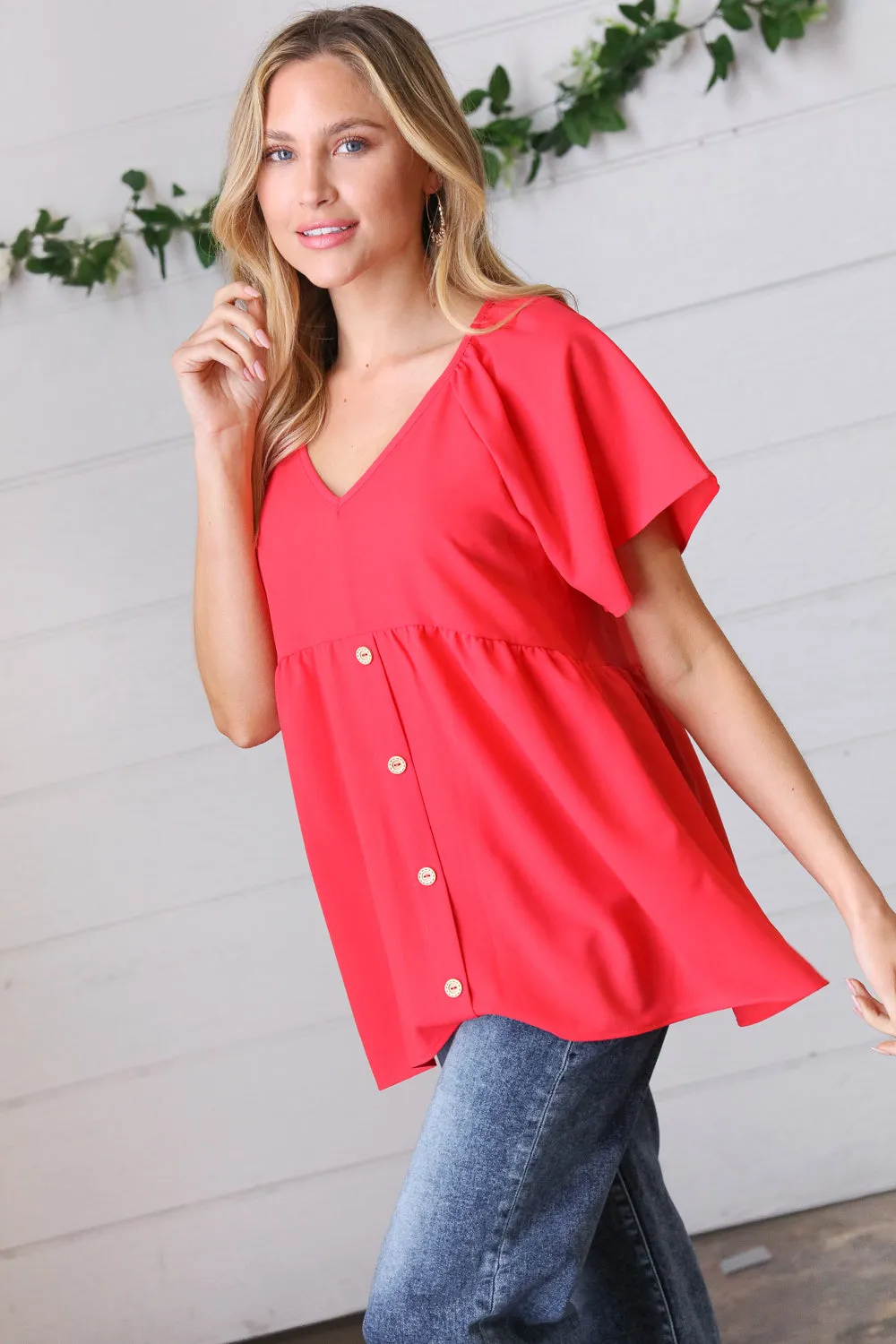 Red V Neck Button Babydoll Blouse Top