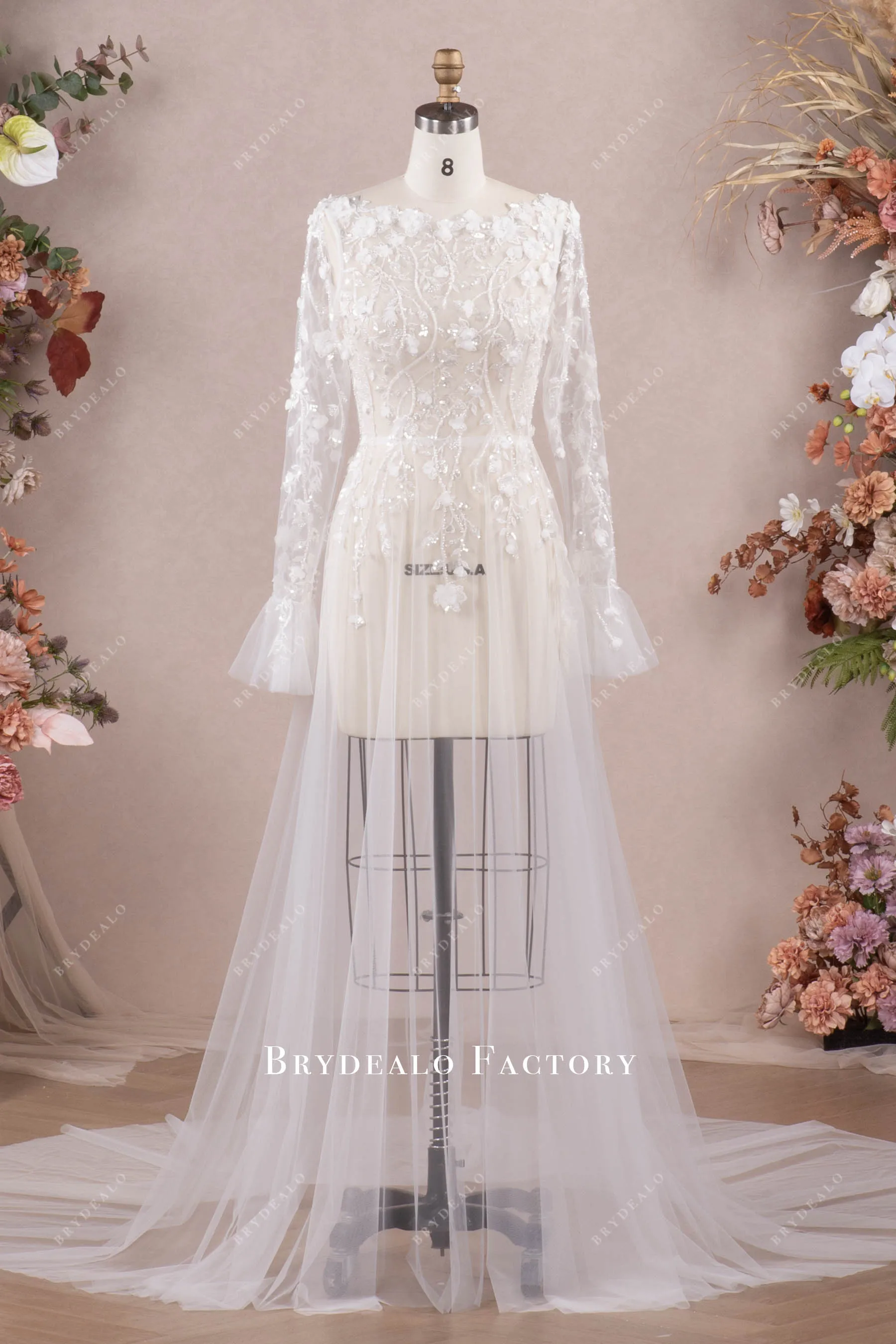 Romantic Flowers Long Sleeve A-line Convertible Wedding Dress