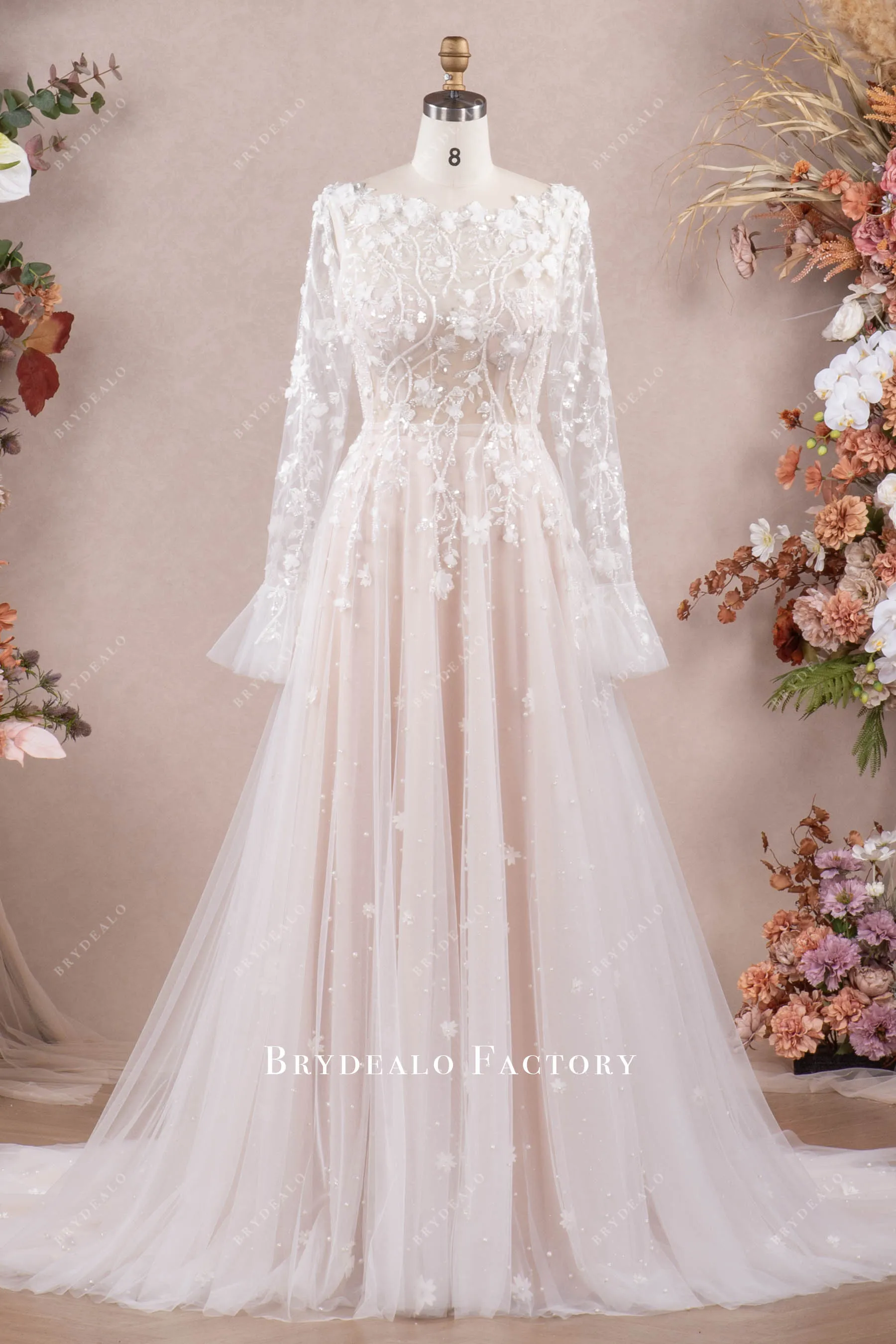 Romantic Flowers Long Sleeve A-line Convertible Wedding Dress