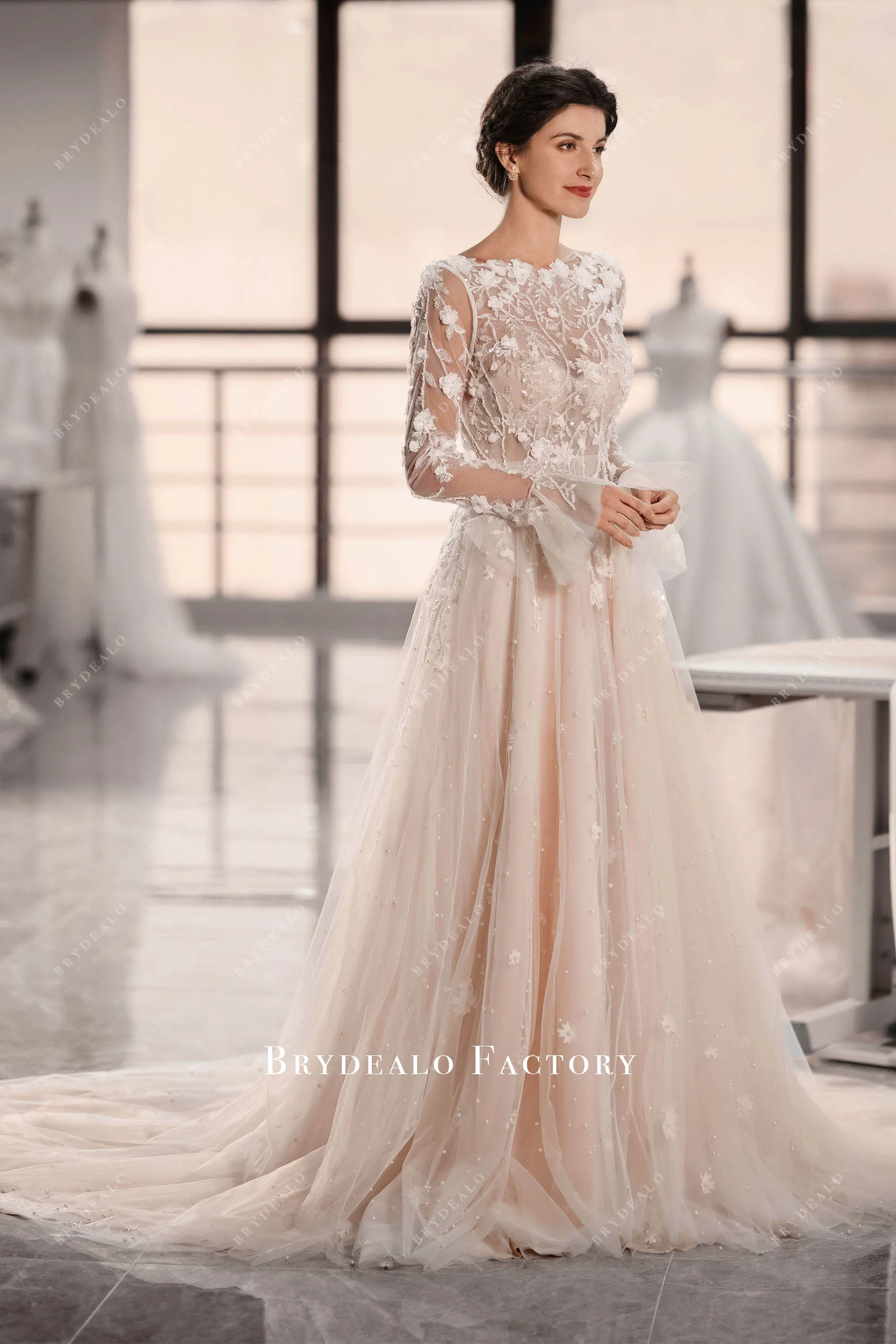 Romantic Flowers Long Sleeve A-line Convertible Wedding Dress