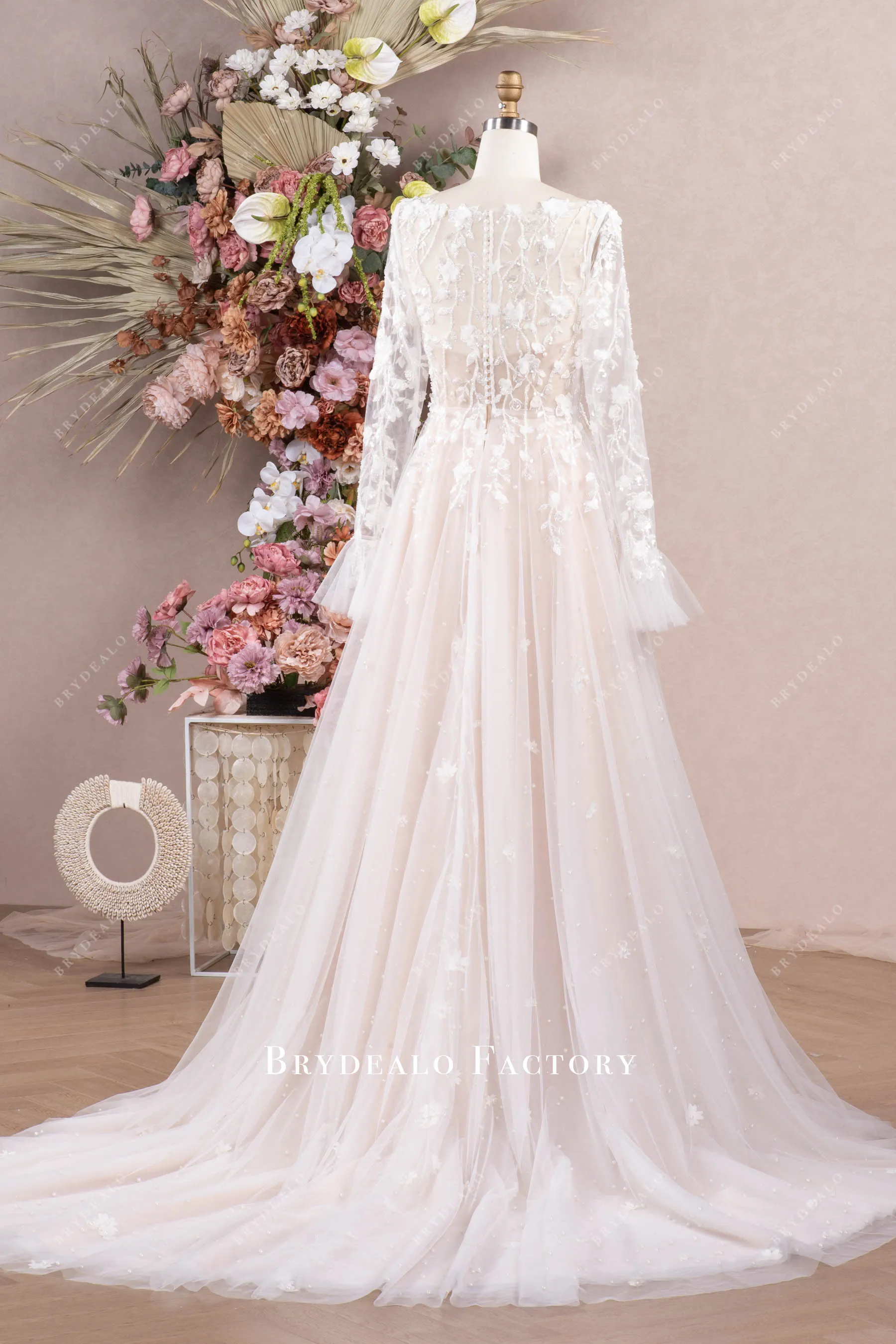 Romantic Flowers Long Sleeve A-line Convertible Wedding Dress