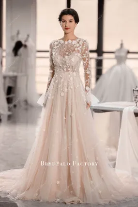 Romantic Flowers Long Sleeve A-line Convertible Wedding Dress