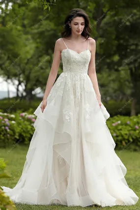 Romantic Lace Tulle Flounce A-line Fall Champagne Wedding Dress