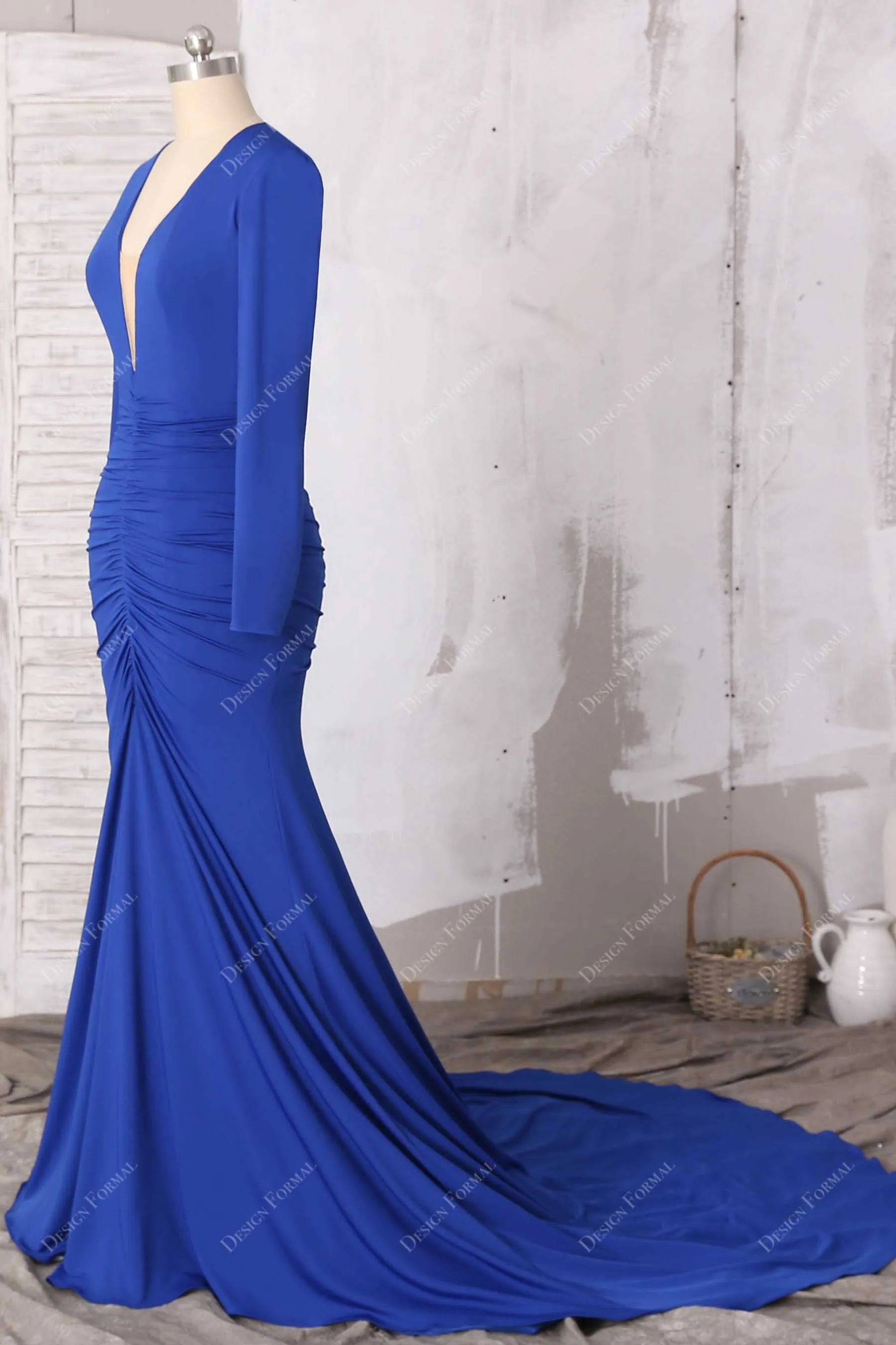 Royal Blue Sexy Deep V-neck Open Back Draped Mermaid Dress