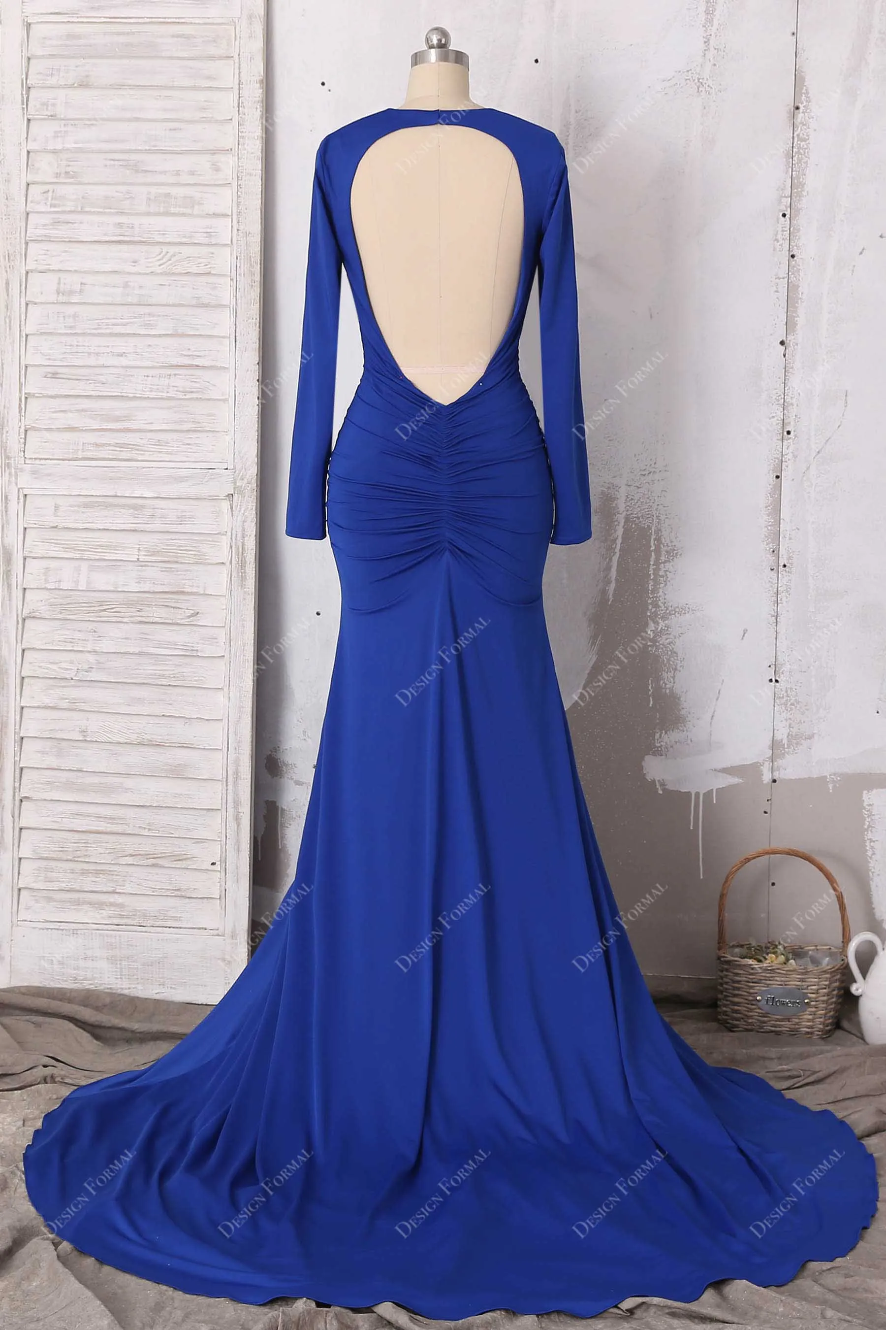 Royal Blue Sexy Deep V-neck Open Back Draped Mermaid Dress