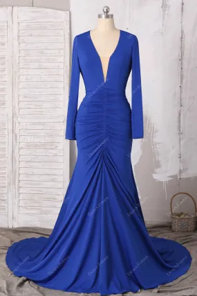 Royal Blue Sexy Deep V-neck Open Back Draped Mermaid Dress
