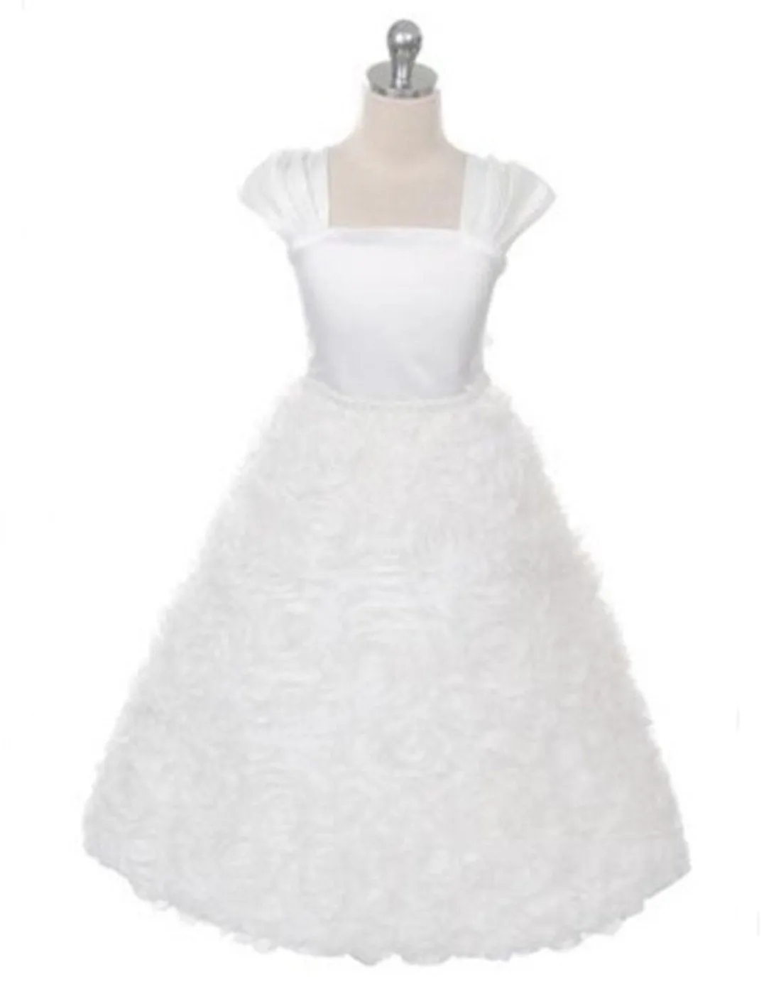 Satin Bodice and Ruffled Rosette Skirt with Beaded Belt - White