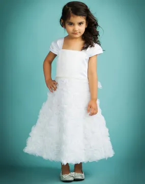 Satin Bodice and Ruffled Rosette Skirt with Beaded Belt - White
