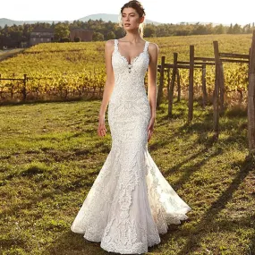 Sexy V-Neck Mermaid Wedding Dress Lace Boho Sleeveless Bridal Gown Pleats Illusion Back