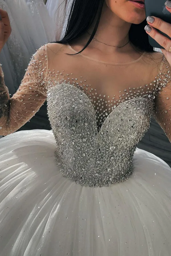 Shimmery Crystal Long Sleeve Ball Gown Wedding Dress with Beadings