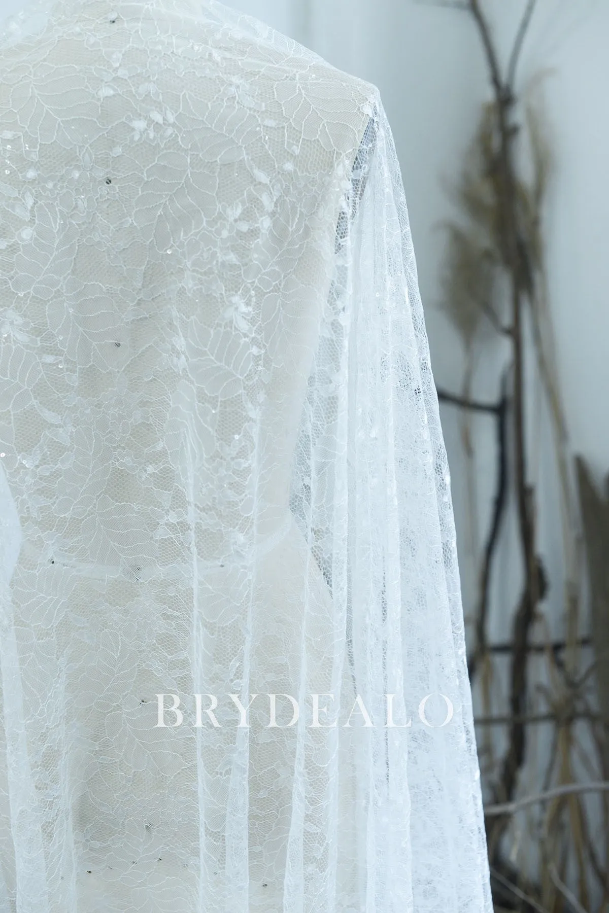 Shimmery Leaf Pattern Sheer Sequined Lace Fabric Online