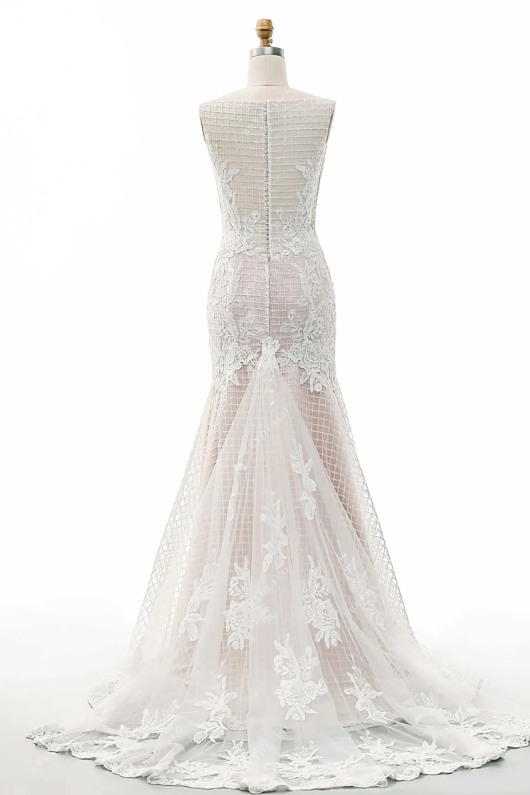 Shimmery Sequined Lace Nude Pink Mermaid Sleeveless Wedding Gown