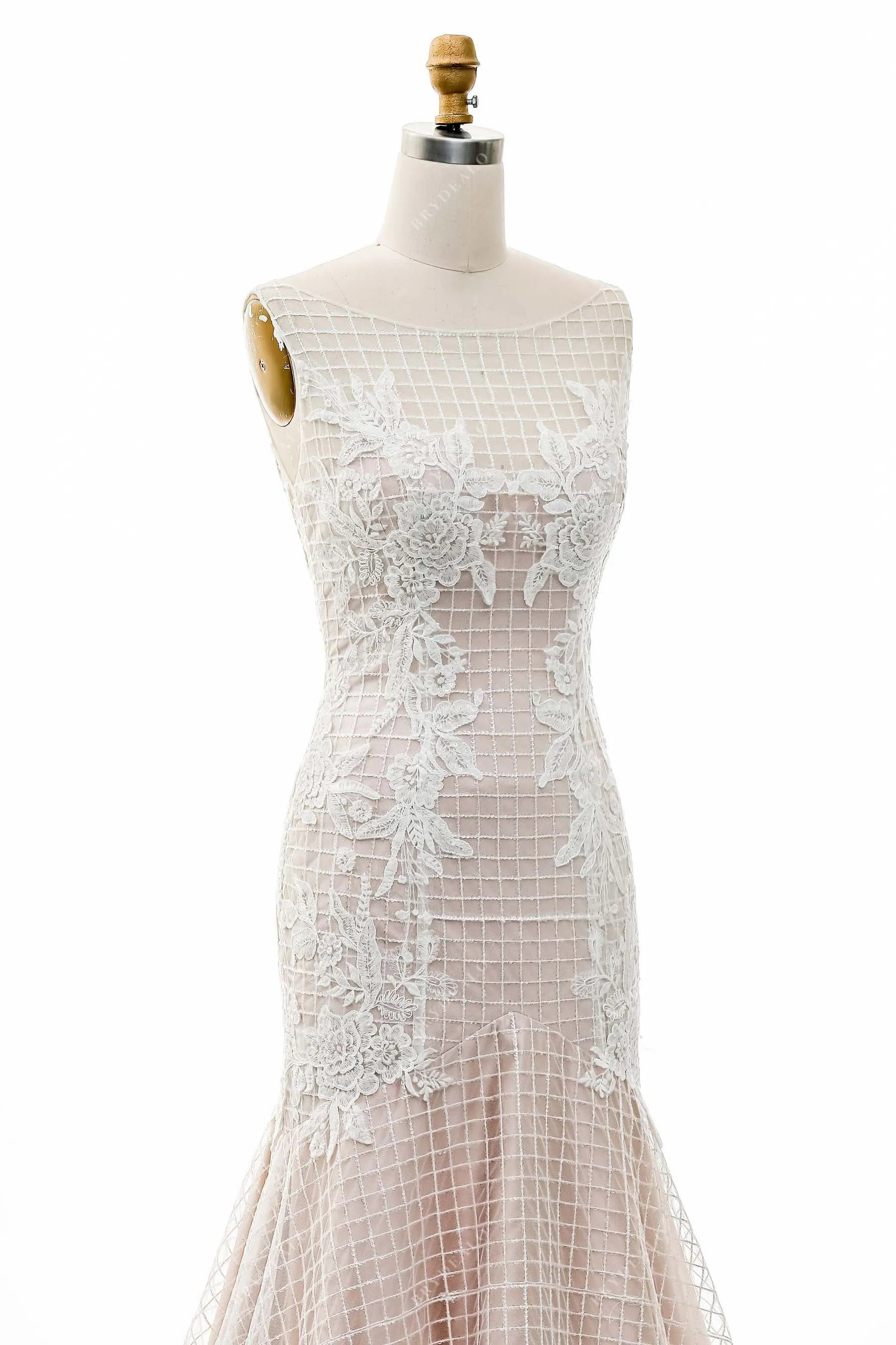 Shimmery Sequined Lace Nude Pink Mermaid Sleeveless Wedding Gown