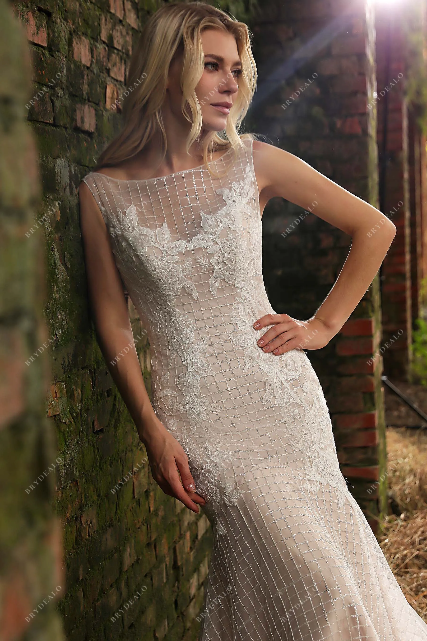 Shimmery Sequined Lace Nude Pink Mermaid Sleeveless Wedding Gown