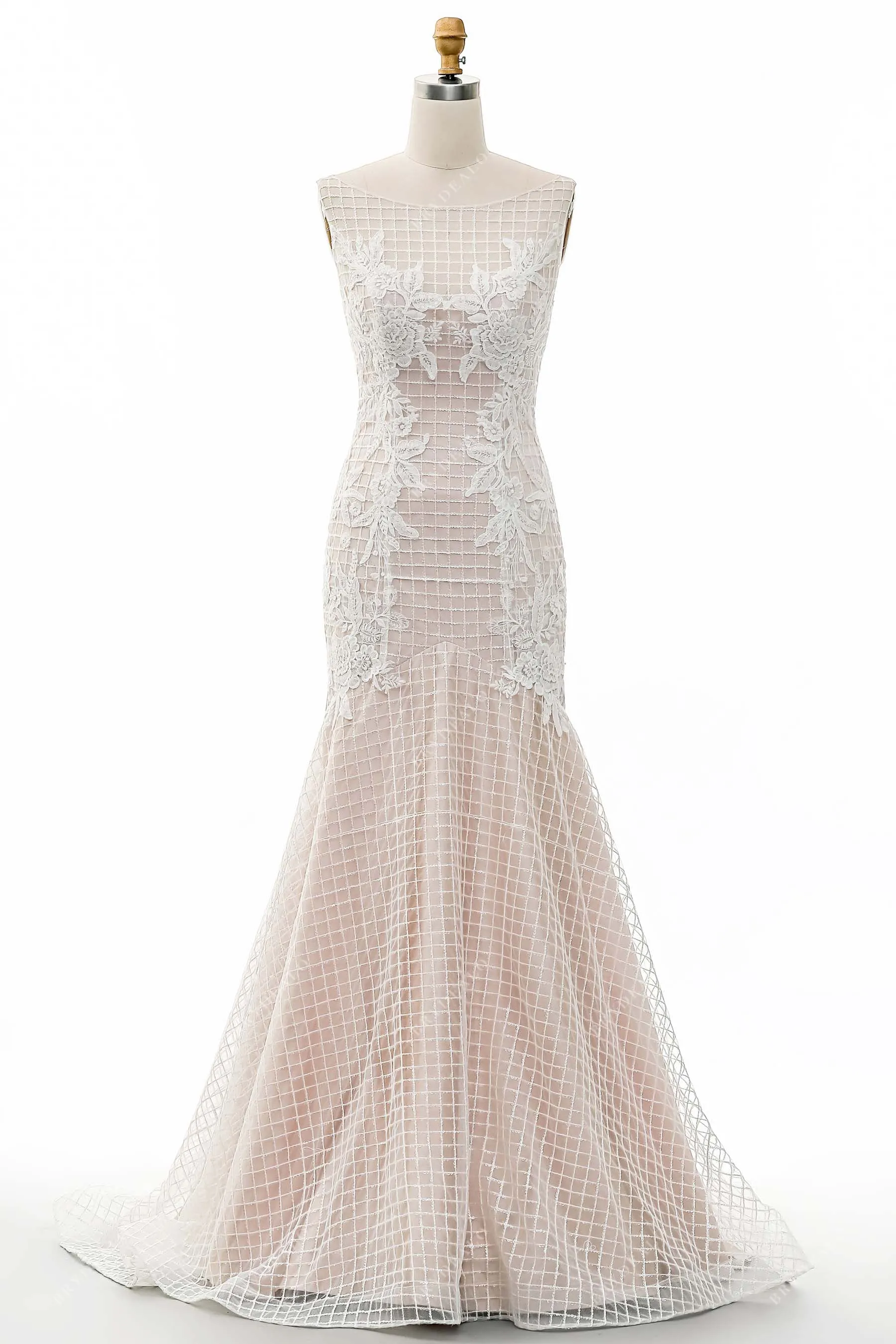 Shimmery Sequined Lace Nude Pink Mermaid Sleeveless Wedding Gown