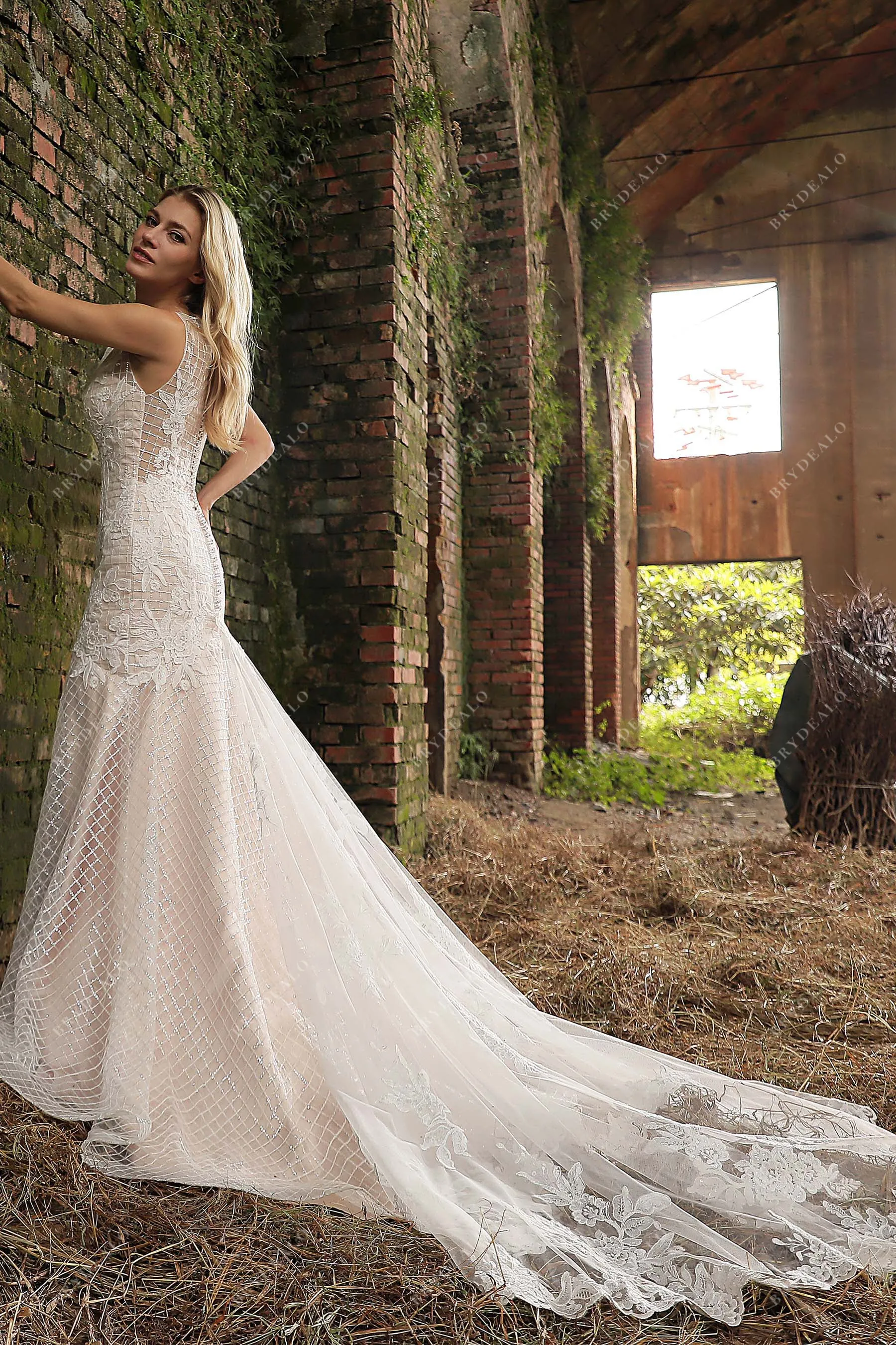 Shimmery Sequined Lace Nude Pink Mermaid Sleeveless Wedding Gown