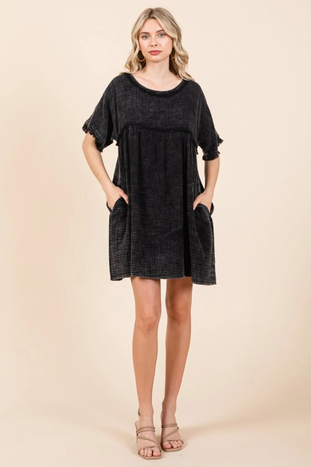 Short Sleeve Babydoll Texture Dress with Pockets - Black