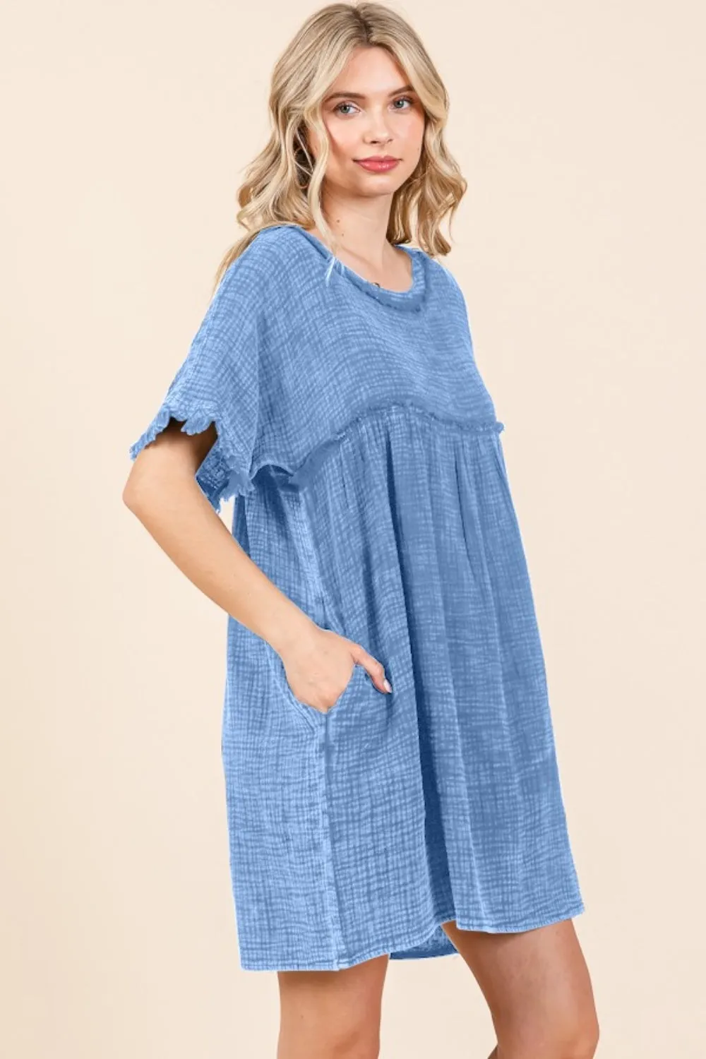 Short Sleeve Babydoll Texture Dress with Pockets - Dusty Blue