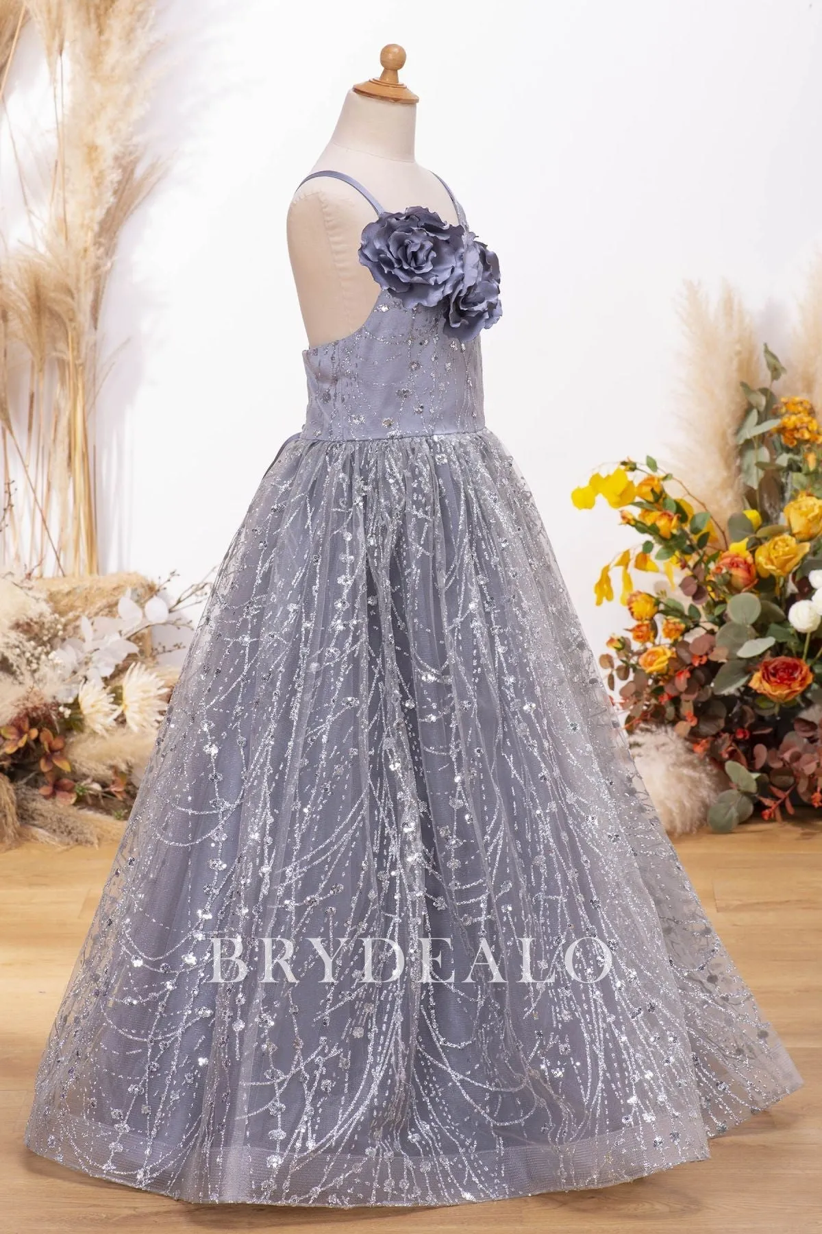 Sparkly Dusty Blue Glitter Floor Length Flower Girl Dress Online