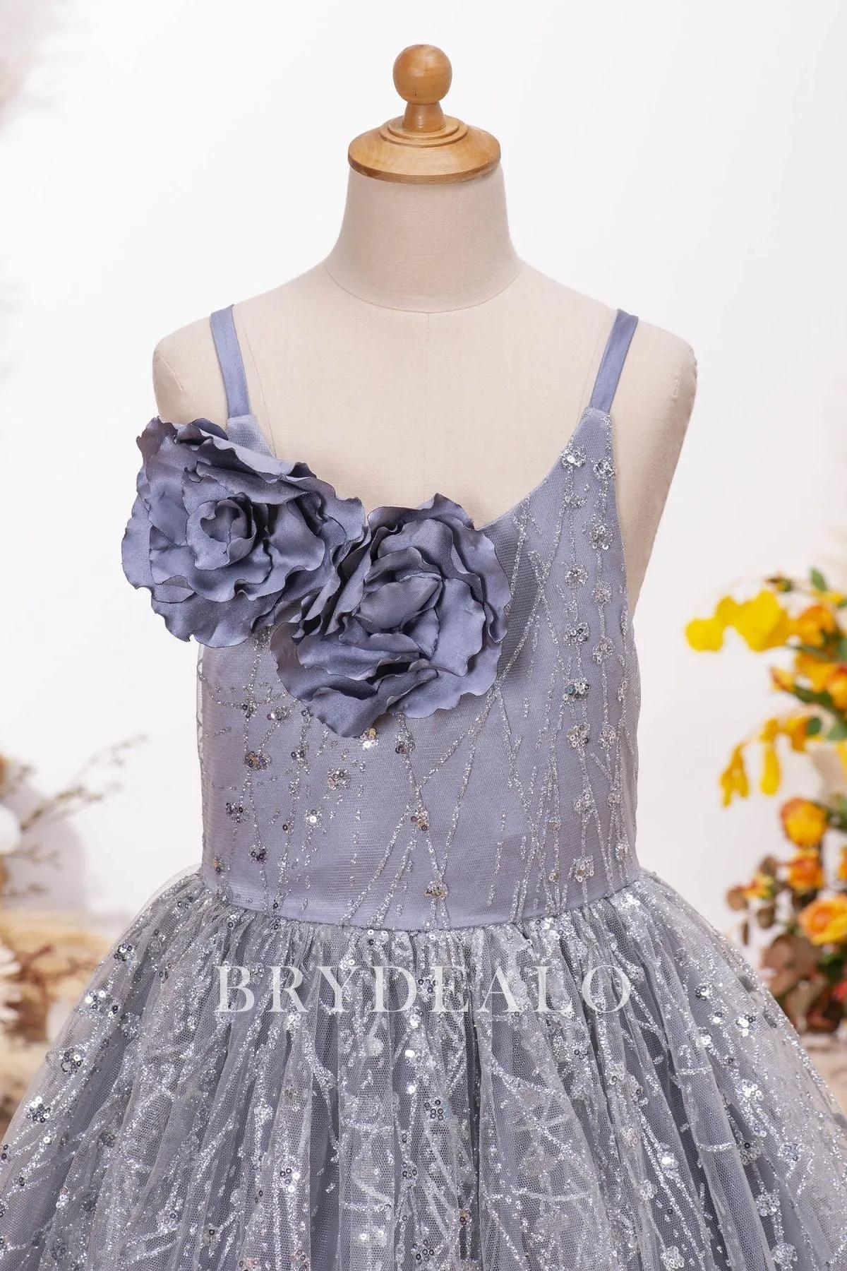 Sparkly Dusty Blue Glitter Floor Length Flower Girl Dress Online
