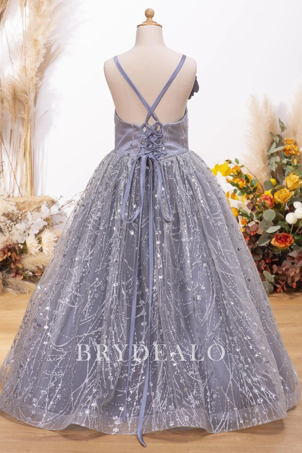 Sparkly Dusty Blue Glitter Floor Length Flower Girl Dress Online
