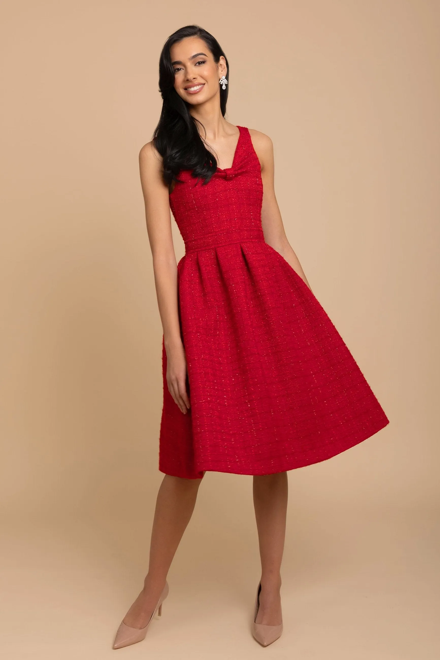 'Splendour' Wool Tweed Midi Dress in Rosso