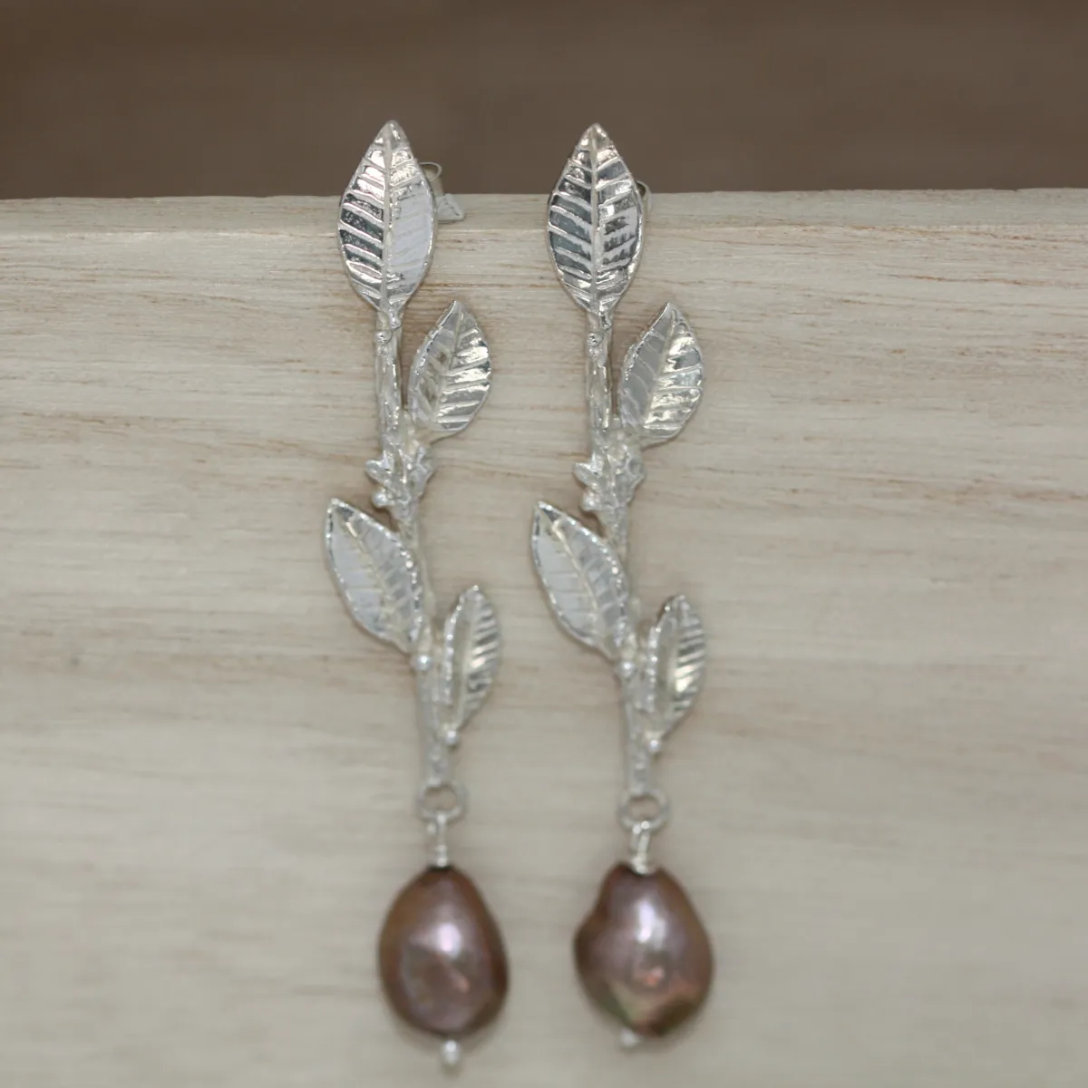 Statement Silver Laurel Leaf and Pearl Earrings, Long Drop Wedding Earrings