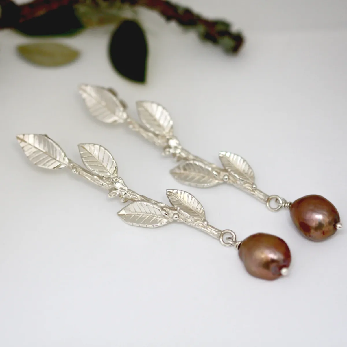 Statement Silver Laurel Leaf and Pearl Earrings, Long Drop Wedding Earrings