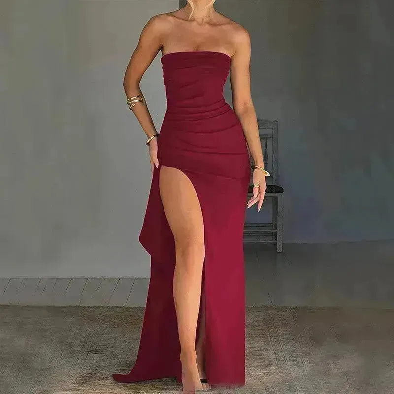 Strapless Split Long Dress Summer Fashion Pleated Bridesmaid Dress For Womens Party Wedding Clothing
