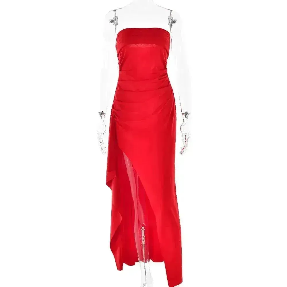Strapless Split Long Dress Summer Fashion Pleated Bridesmaid Dress For Womens Party Wedding Clothing