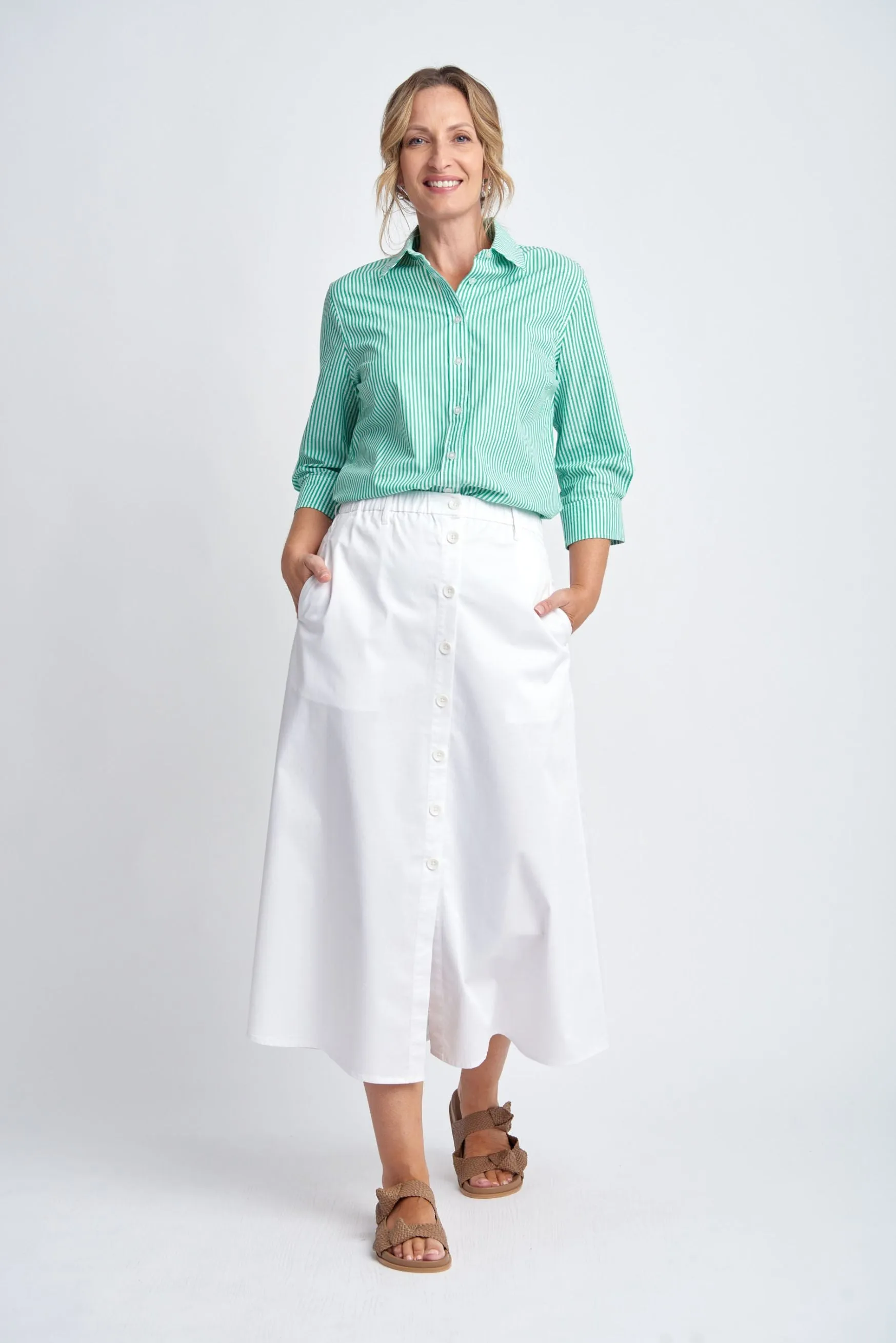 Stretch Button Front Skirt White