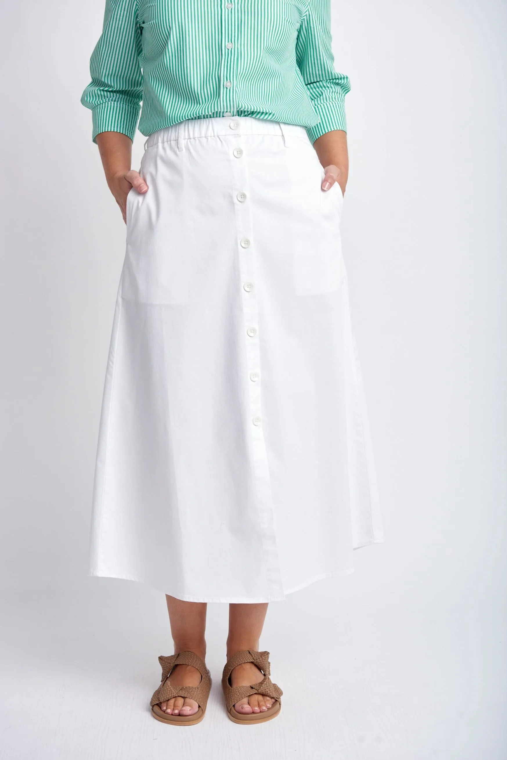 Stretch Button Front Skirt White