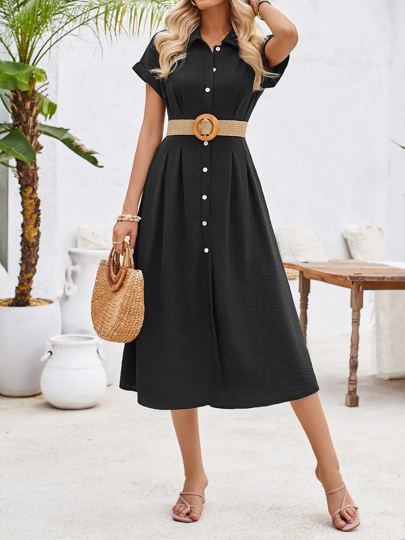 Summer Women Clothing Solid Color Polo Collar Single Breasted Short Sleeve Pinch Pleated Dress