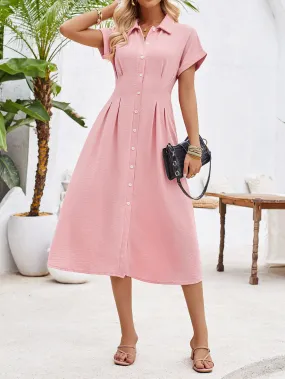 Summer Women Clothing Solid Color Polo Collar Single Breasted Short Sleeve Pinch Pleated Dress