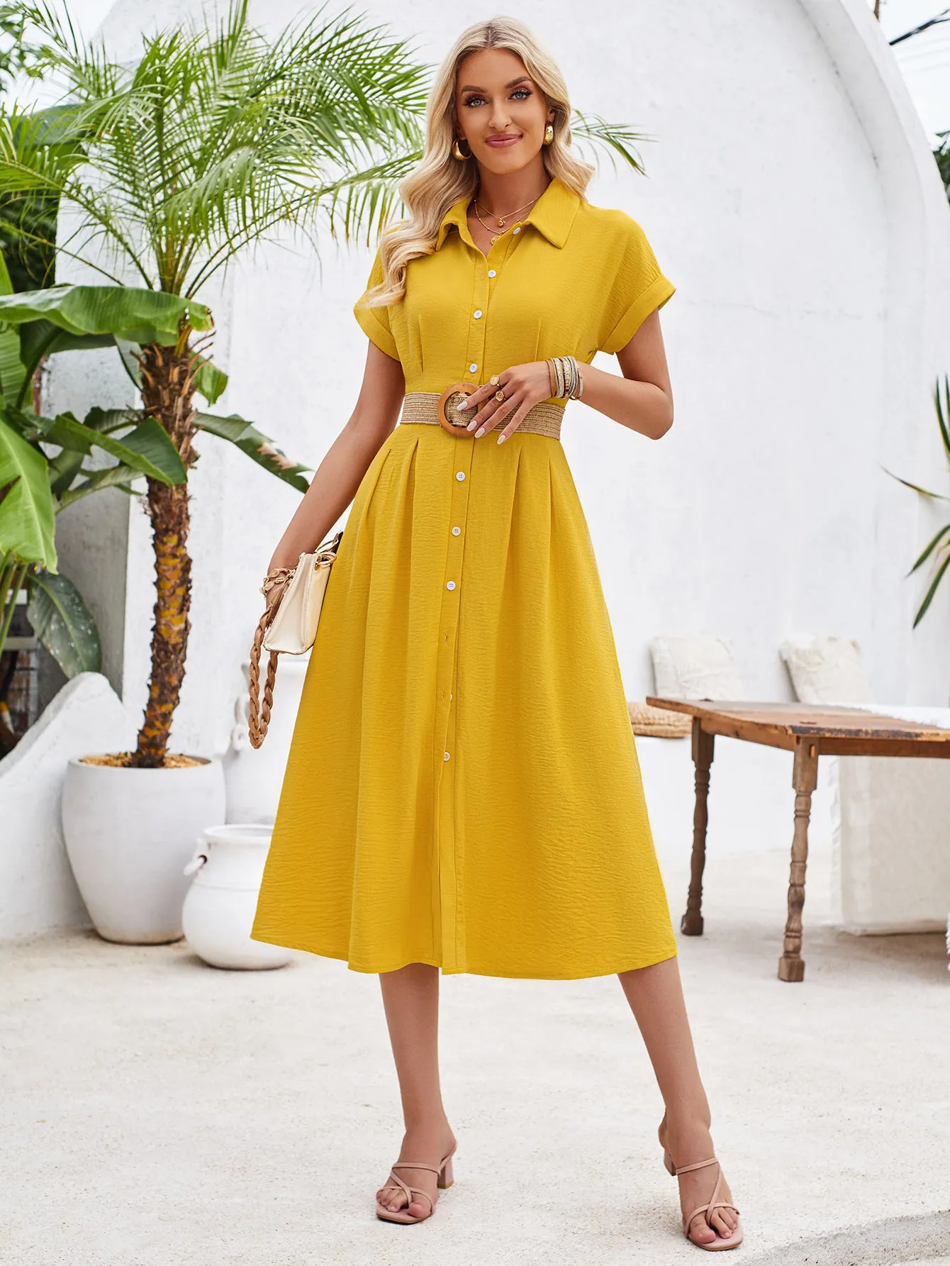 Summer Women Clothing Solid Color Polo Collar Single Breasted Short Sleeve Pinch Pleated Dress
