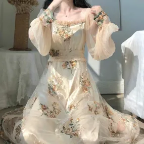 Transparent Floral and Leaf Design Long Sleeved Dress Kawaii Academia Y2K Cottagecore Coquette Fairycore Dollette Princesscore
