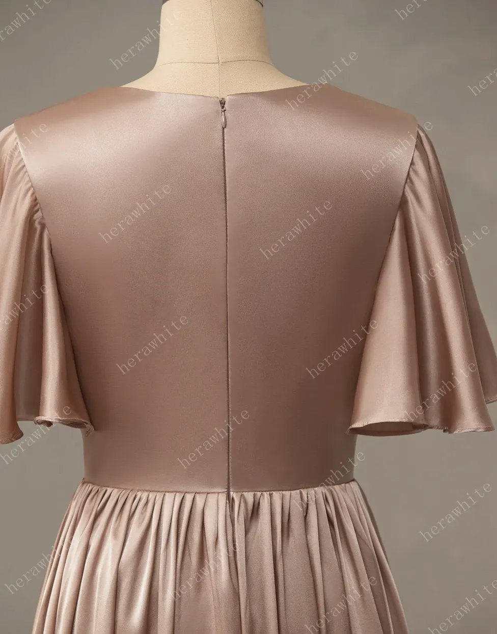 V-Neck Long Short Sleeve Silk Satin Bridesmaid Dress