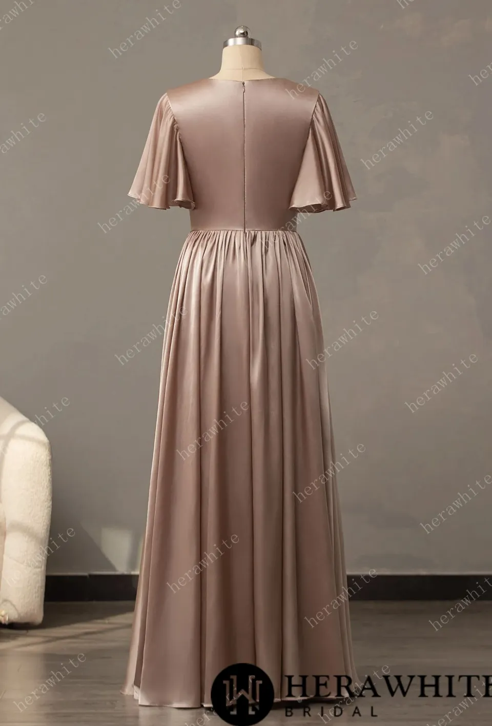 V-Neck Long Short Sleeve Silk Satin Bridesmaid Dress