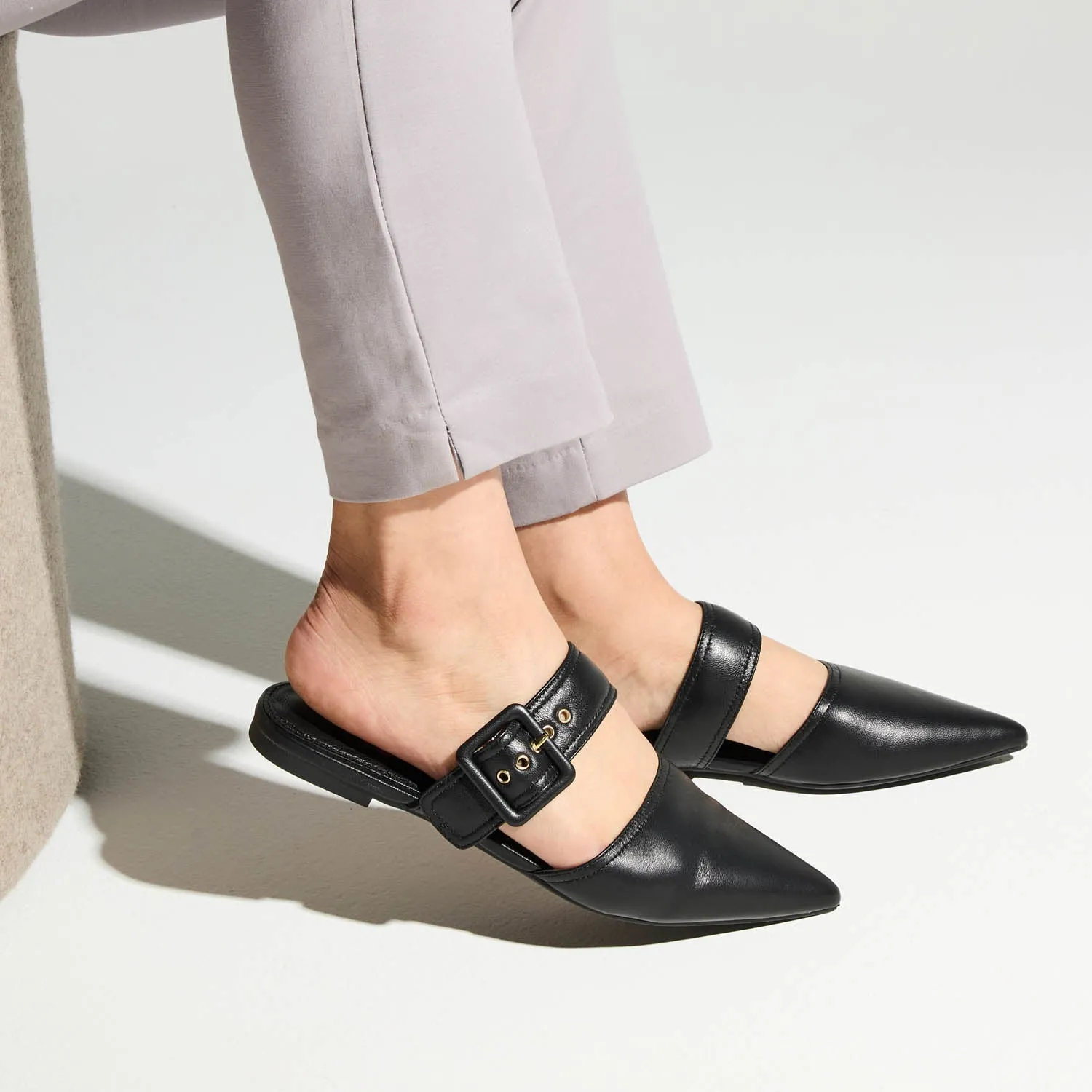 Valerie Buckle Mule in Black Leather