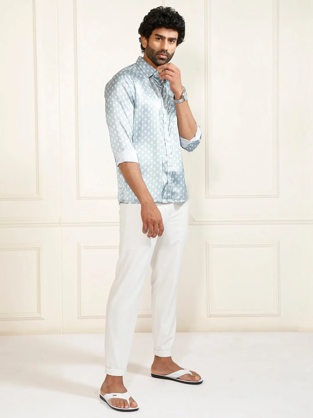 VASTRAMAY Men's Grey And White Satin Ethnic Shirt