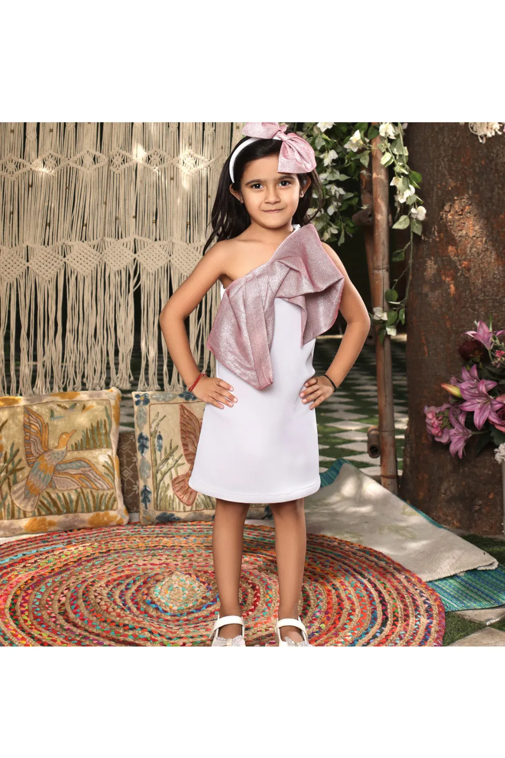 White Shimmery Bow Embellished One Shoulder Lycra Dress