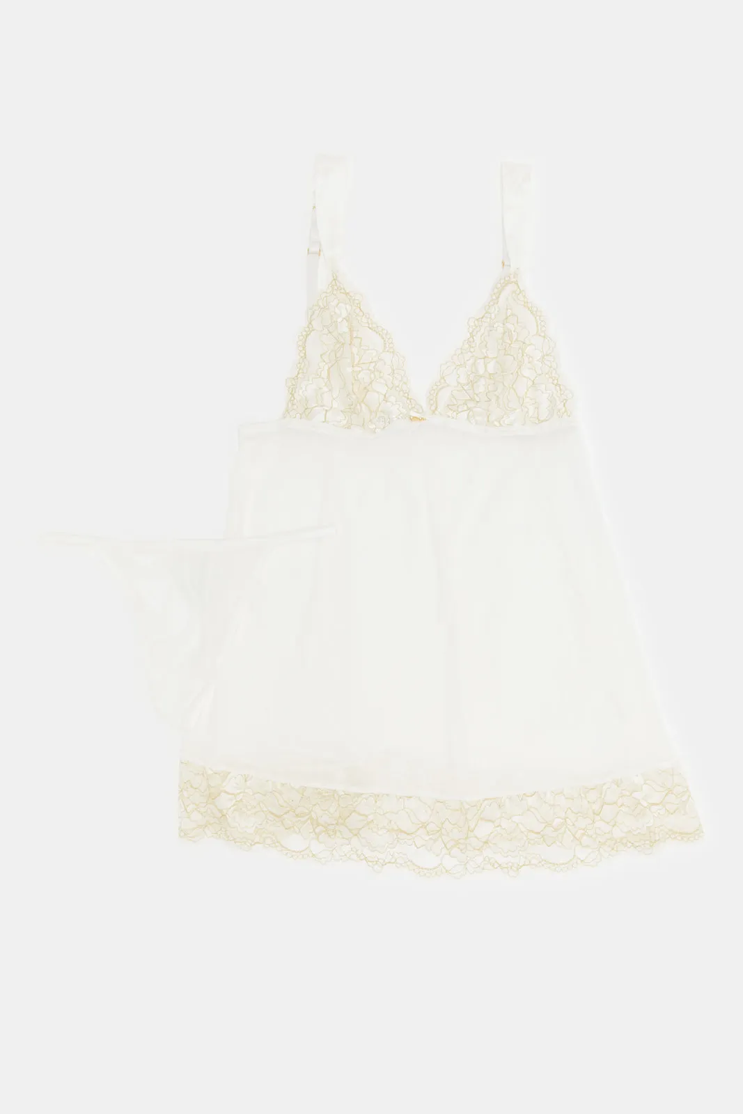 Women Ivory Wide Satin Babydoll Set (2 Piece)